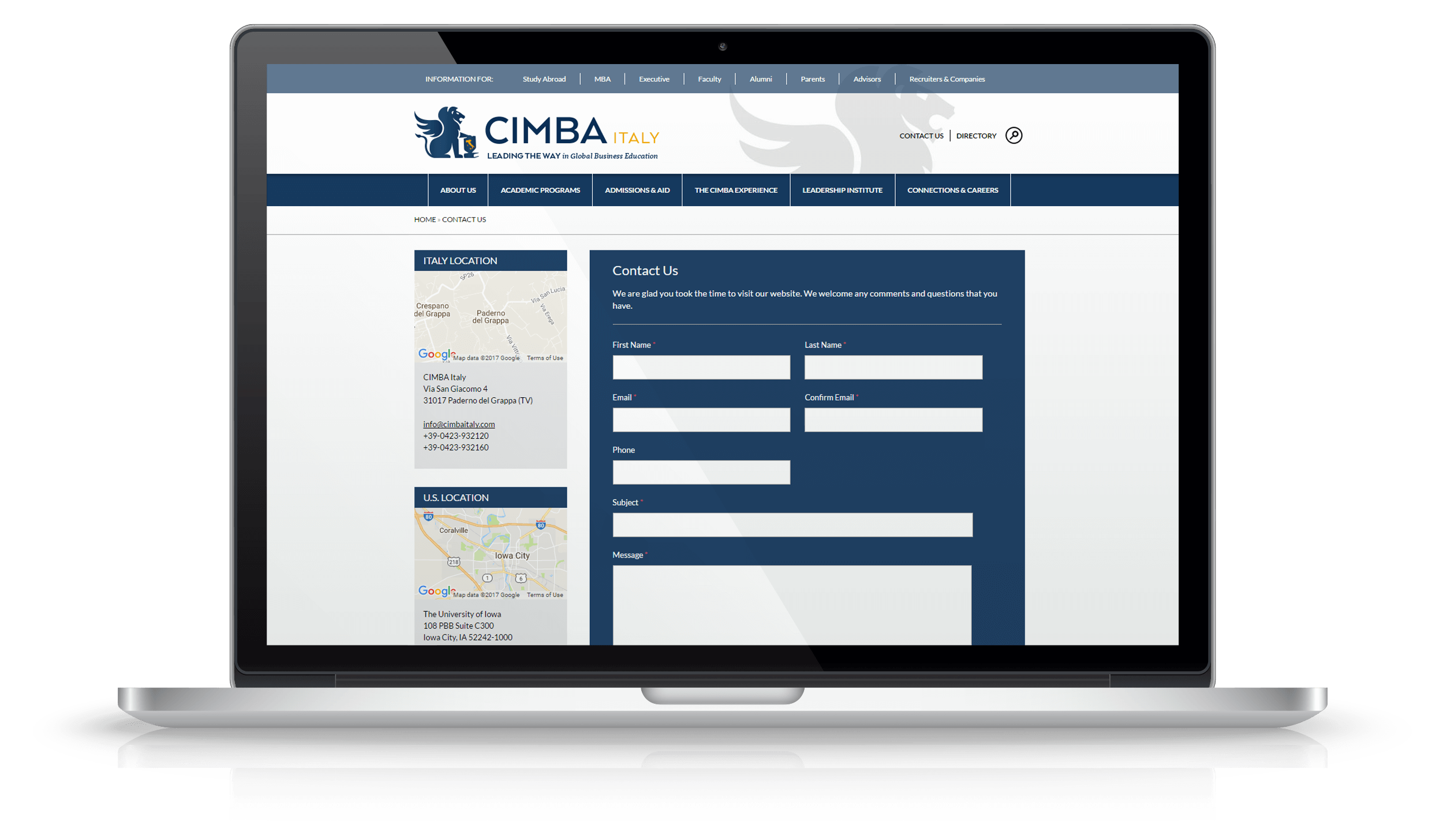 Pixelnation Project: CIMBA Italy Website - Contact Page